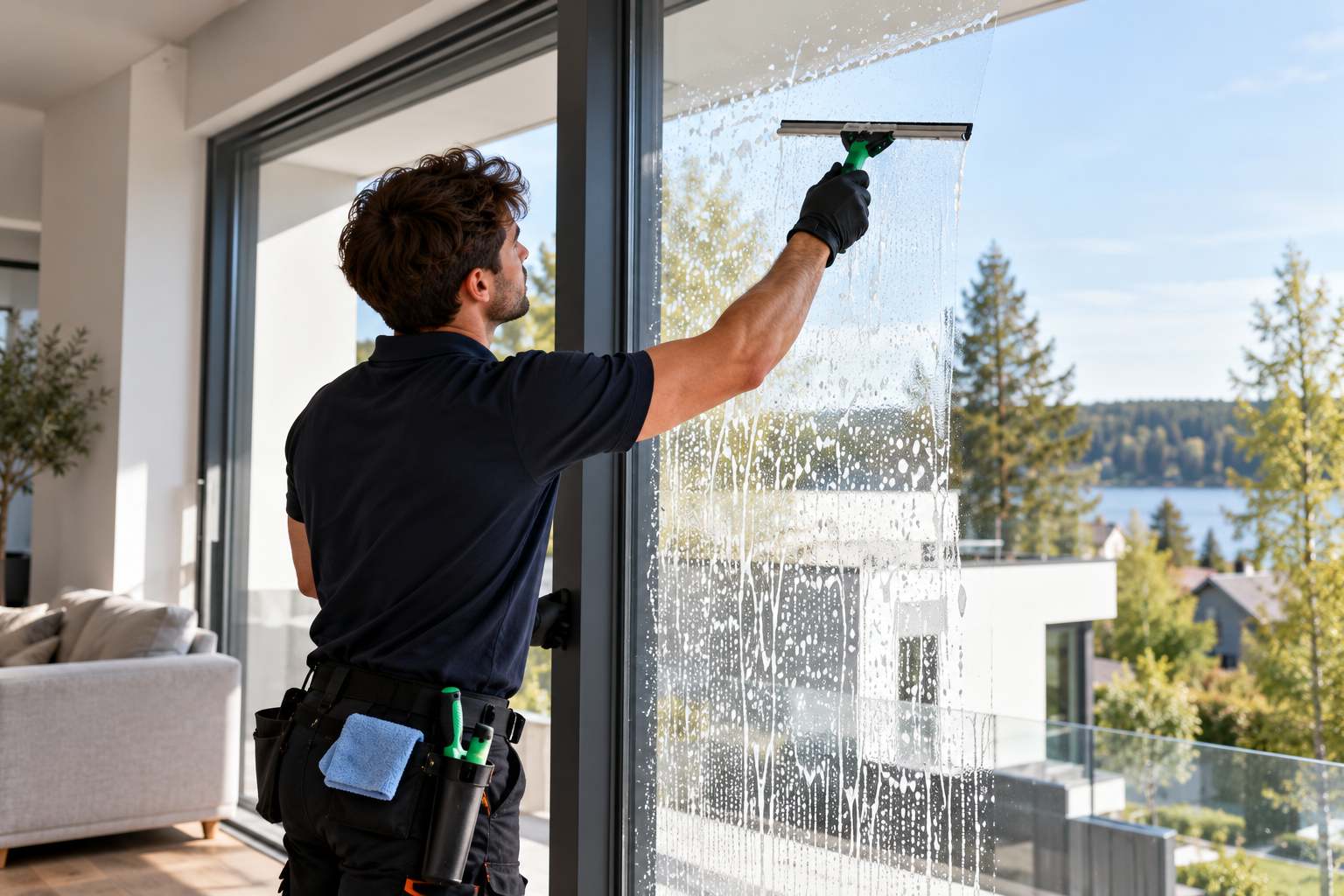 Professional window cleaning in a modern property