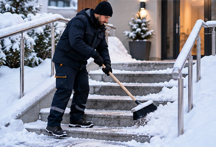 Worker clearing snow from entrance stairs